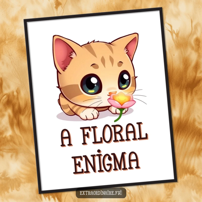 Funny digital art print of a curious cat with oversized eyes, mesmerized by a brightly glowing flower, for instant decor.
