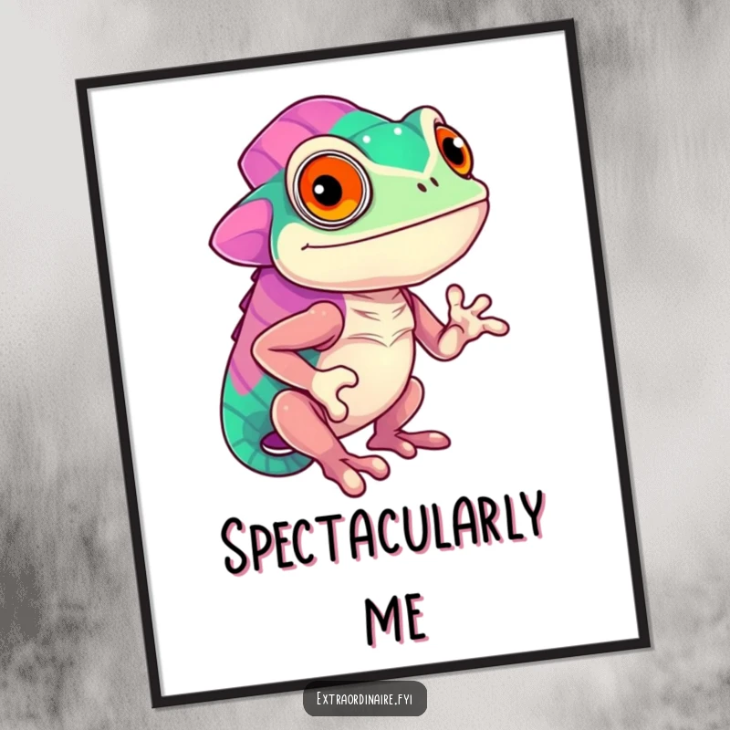 Funny confident chameleon character displaying vibrant, shifting colors, printable digital art, perfect for adding bold decor, a humorous illustration.