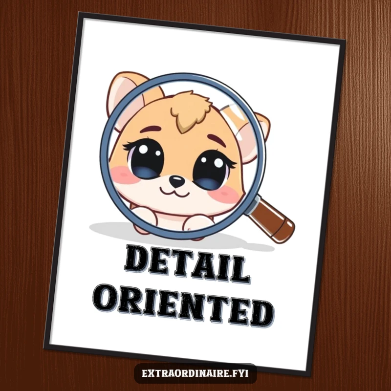 Funny Digital Art Print: A curious animal character peeking from behind a large magnifying glass, symbolizing keen investigation.