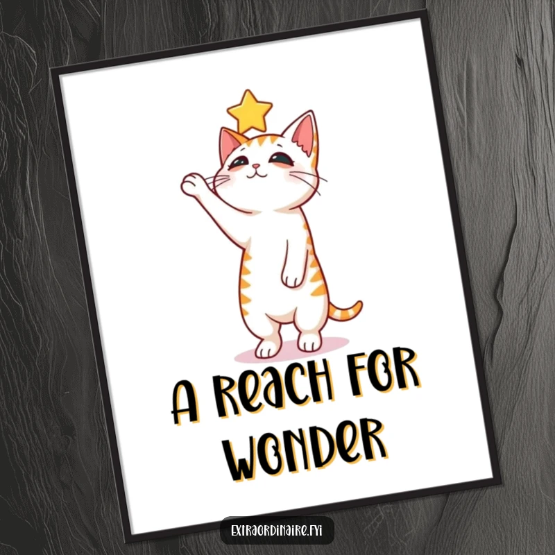 Funny curious cat digital art print, a cat balancing on hind legs reaching for a floating star.