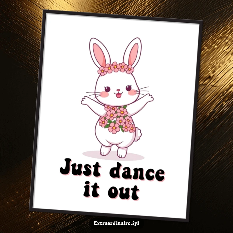 Funny dancing rabbit digital art print, wearing a flower garland, joyful and vibrant, perfect for screensavers and printing, excellent funny gift.