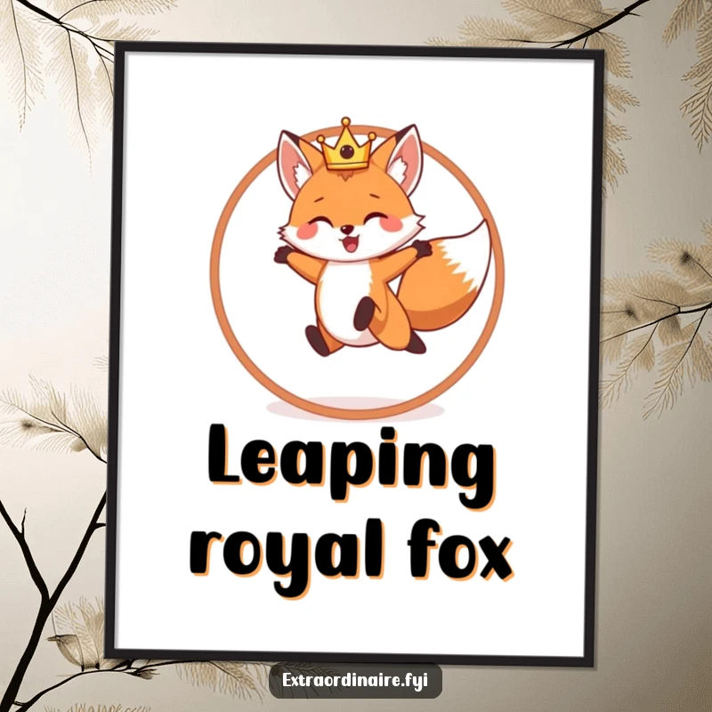 Funny digital art print of a cheerful fox wearing a crown, dynamically leaping through a hoop, bringing regal charm.
