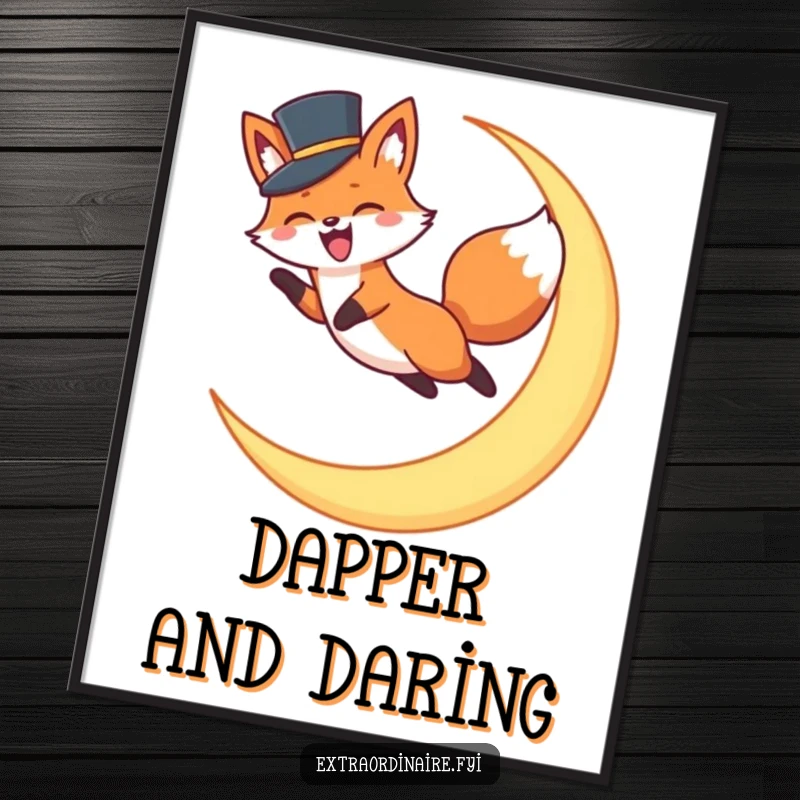 Funny Fox Top Hat Digital Art: High-resolution download of an excited fox in a top hat leaping joyfully over a magical crescent moon.
