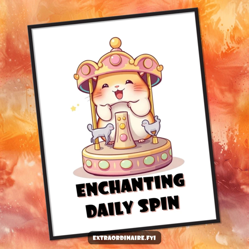 Funny Hamster Carousel Digital Art Print: A joyful hamster spins a miniature magical carousel, creating a scene of funny wonder.