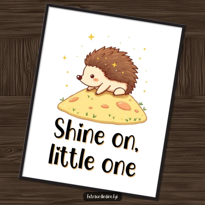 Funny Hedgehog Stardust Digital Art Print of a happy hedgehog rolling down a stardust-covered hill, bringing whimsical charm and magic.