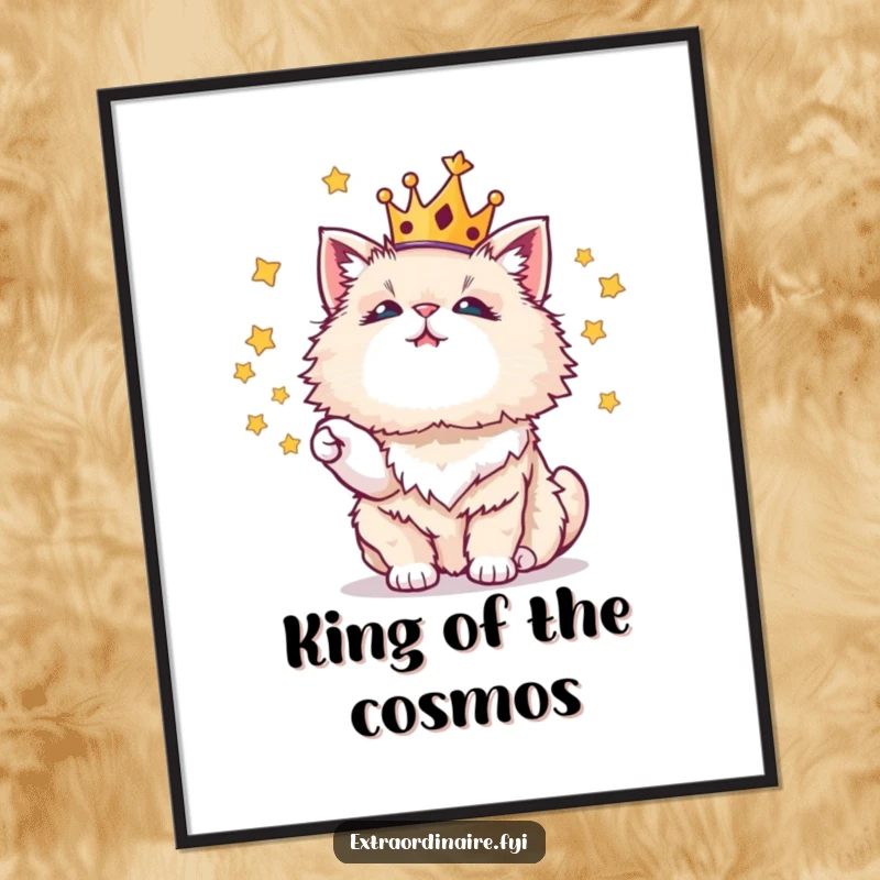 Funny, printable digital art of a crowned cat juggling stars, ideal for whimsical decor.