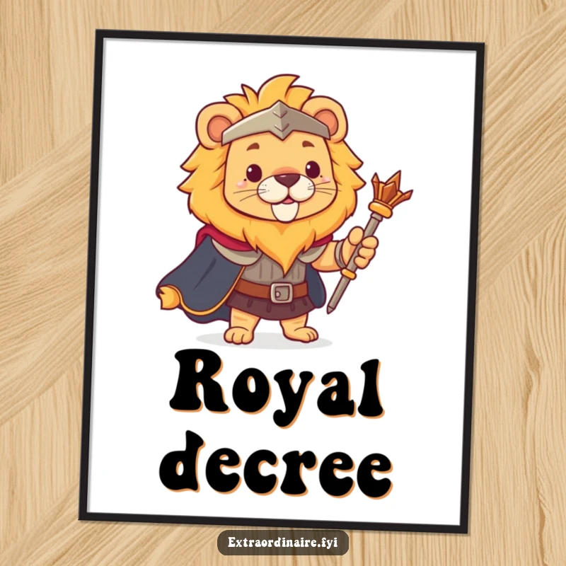 Funny lion digital art print, majestic with cape and scepter, radiating brave and regal humor.