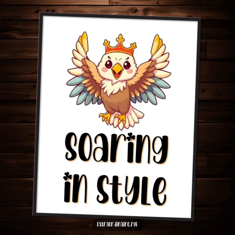 Funny Eagle Digital Art: A majestic eagle with a crown in flight, perfect for printable art that embodies power and regal humor.
