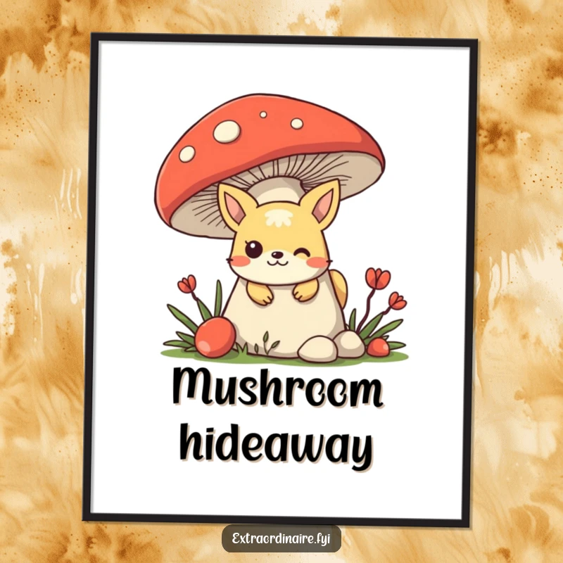 Funny mischievous animal character hiding behind a giant mushroom, peeking out playfully as digital art.