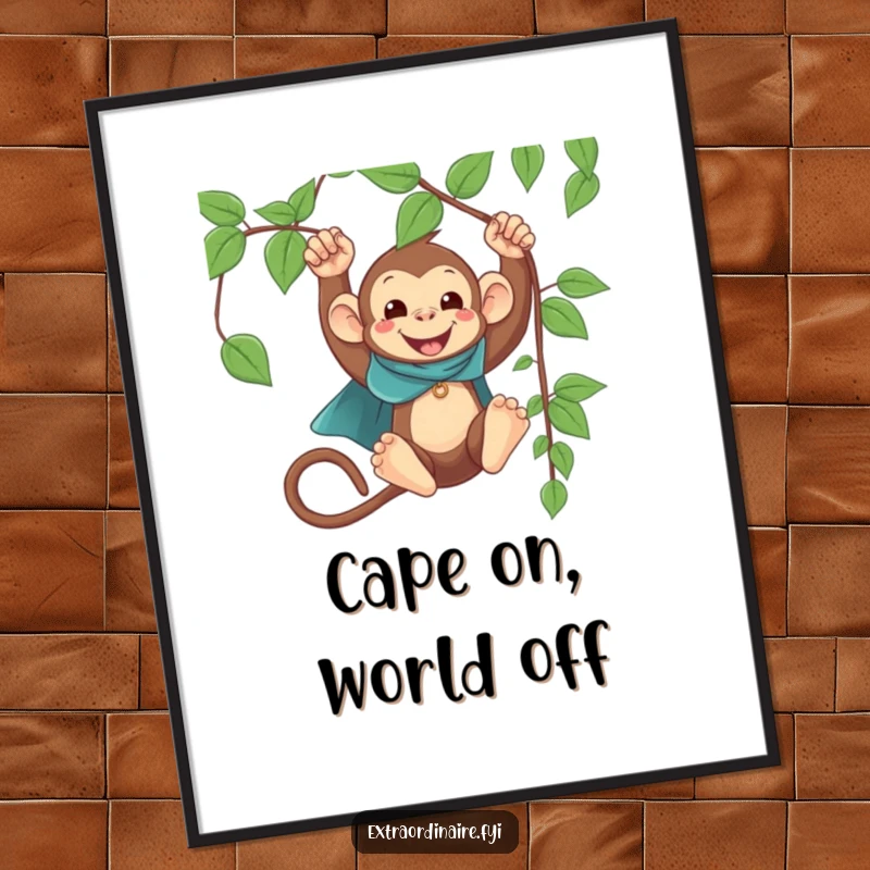 Funny Monkey Cape Swinging Digital Art Print: A vibrant, humorous depiction of a caped monkey swinging from a vine.