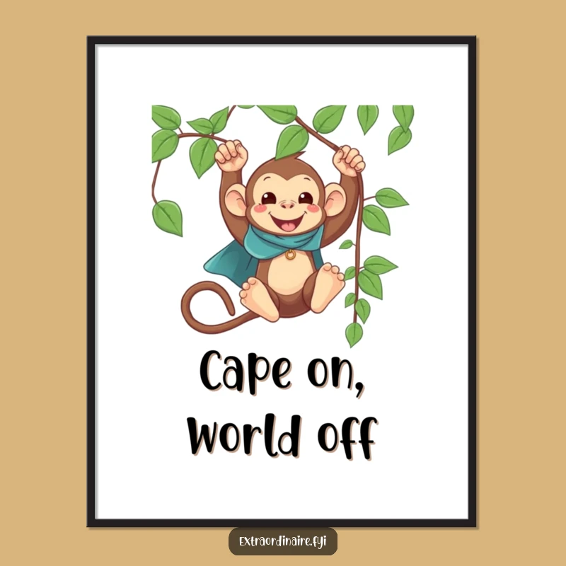 Funny Monkey Cape Swinging Digital Art: Instant Heroic Wall Decor