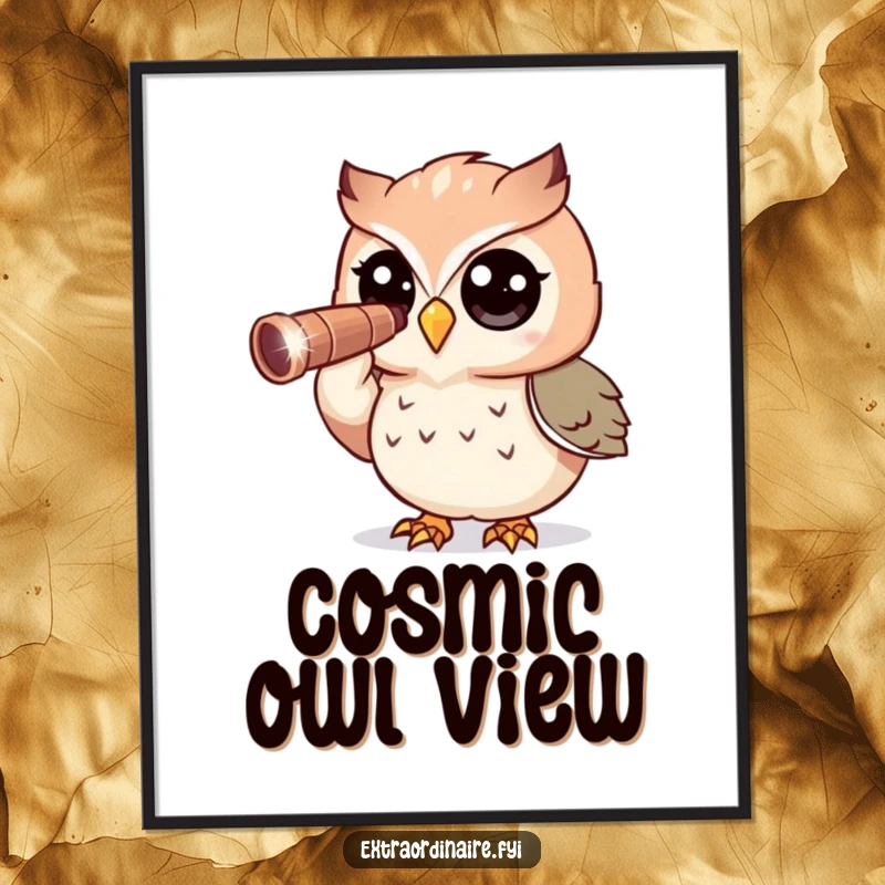 Funny Owl Digital Art Print: A curious owl character is depicted peering through a sparkly telescope into the vast universe.