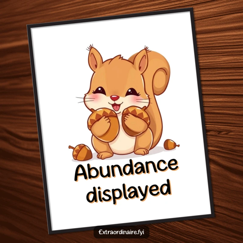 Funny digital art print of a playful squirrel with puffed cheeks, hoarding oversized, shiny acorns, for instant decor.