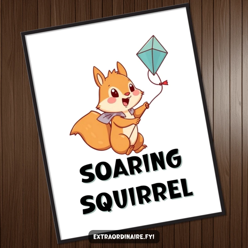Funny Squirrel Digital Art Print: A brave squirrel character is depicted riding a kite high in the sky with pure joy.