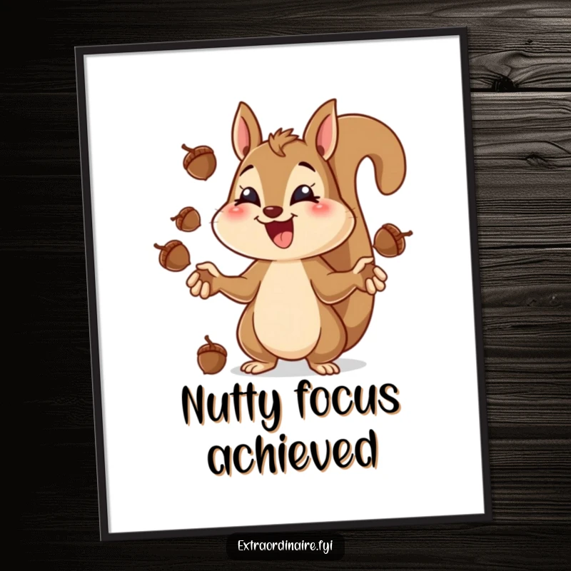 Funny squirrel juggling digital art print, a squirrel concentrating hard while juggling acorns with a wide grin.
