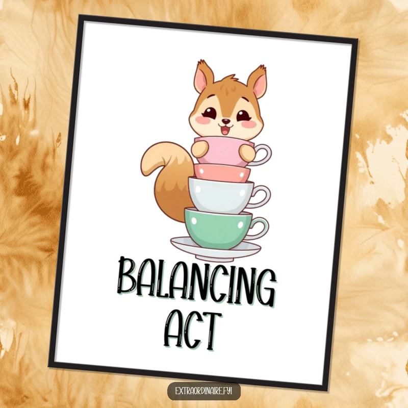 Funny digital art print of a cheerful squirrel character balancing a tall stack of teacups, a whimsical and humorous design.