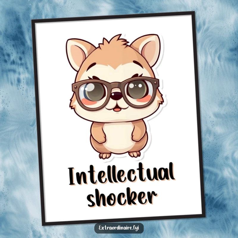 Funny digital art print of an animal character wearing oversized spectacles, eyes wide with a look of comical surprise and amusement.