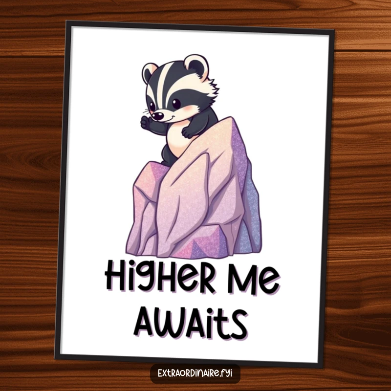 Funny badger mountain digital art print, a brave animal climbing a miniature glittery mountain, perfect for adventurous and humorous decor.