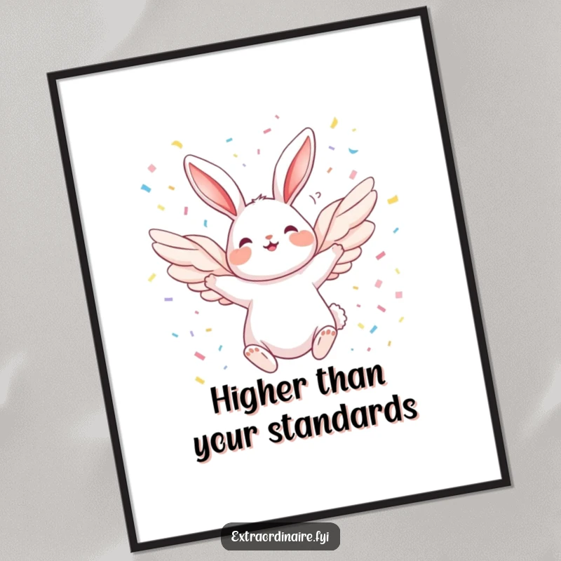 Funny Angel Rabbit Digital Art: A high-resolution download of a joyful rabbit with wings flying ecstatically through a vibrant confetti shower.
