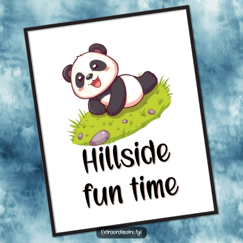 Funny digital art print of a playful panda character rolling down a hill with glee, ready for joyful wall decor.