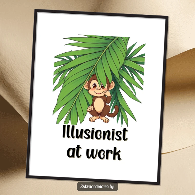 Funny monkey character artfully concealed behind a large palm leaf, presented as a high-resolution digital art print.