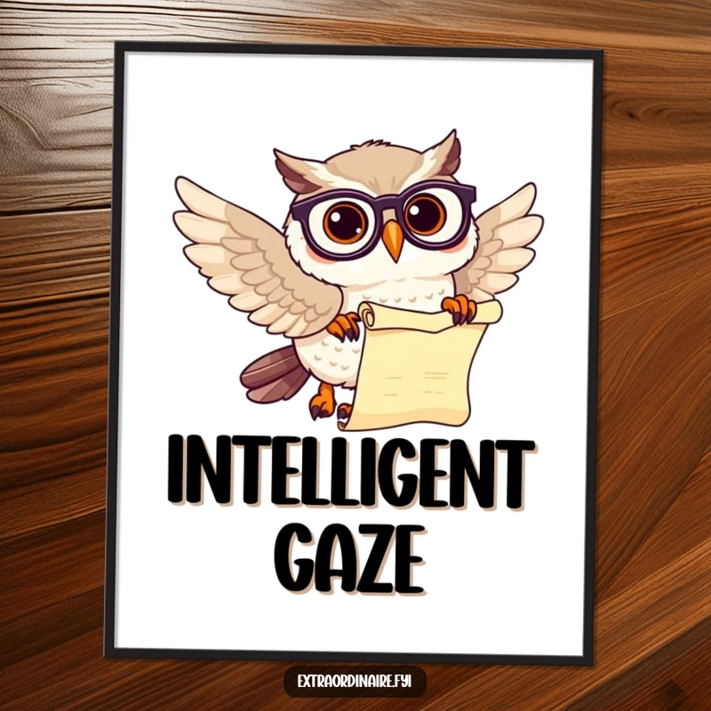 Funny owl scholar digital art print of a beaming owl with spectacles and a scroll, instant wall decor.