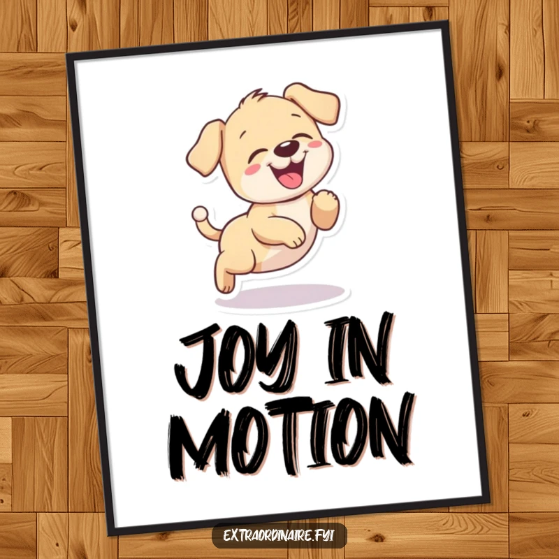 Funny puppy giggling digital art print, a playful dog chasing its tail in a circle with glee.