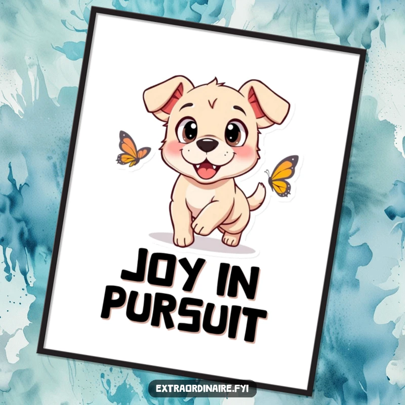Funny digital art print of a dog with huge, happy eyes joyfully chasing a fluttering butterfly, capturing playful delight.