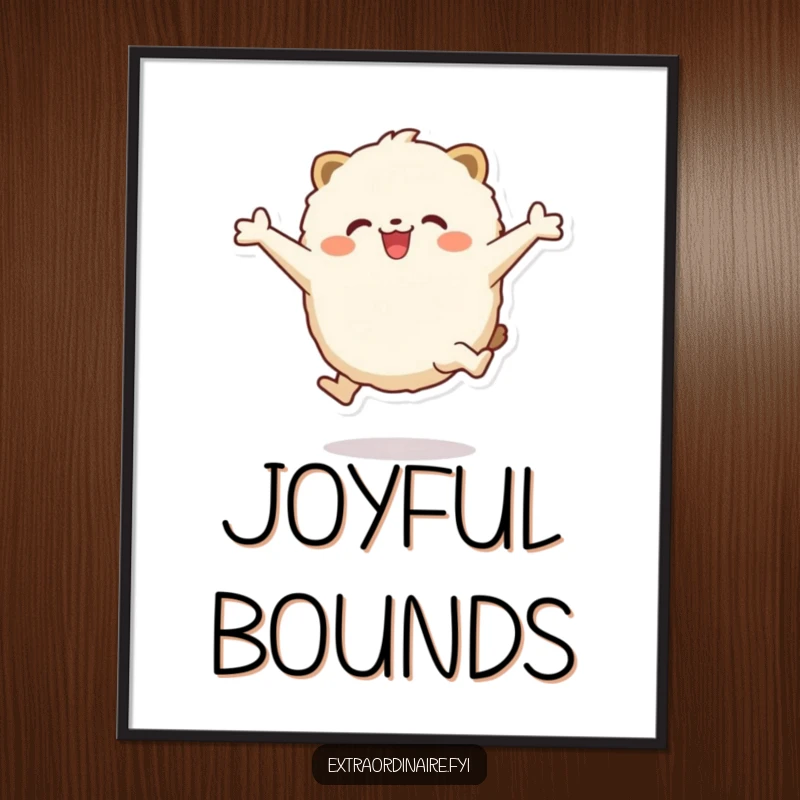 Funny Digital Art Print: A fluffy, round animal character captured in a dynamic, joyful leap with arms outstretched, full of energy.