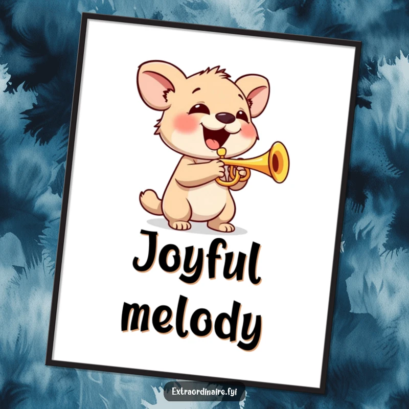Funny Digital Art Print: A smiling animal character joyfully plays a tiny trumpet, radiating musical happiness and cheer.