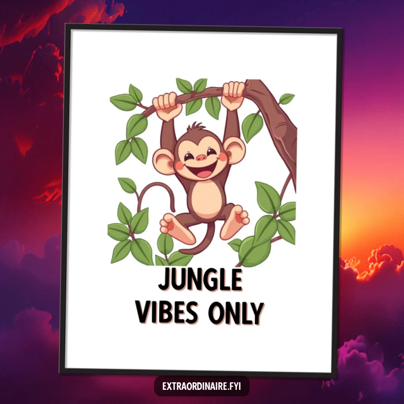 Funny Monkey Digital Art Print of a mischievous monkey swinging from a vine with a wide grin, bringing vibrant humor to any space.