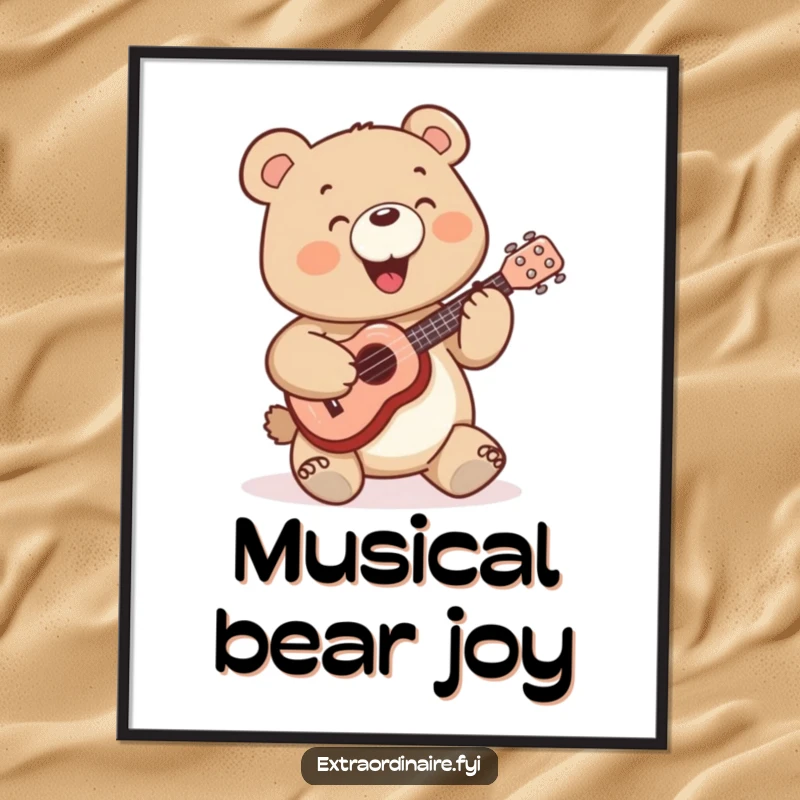 Funny Bear Digital Art Print: A cheerful bear character is depicted joyfully playing a miniature ukulele.