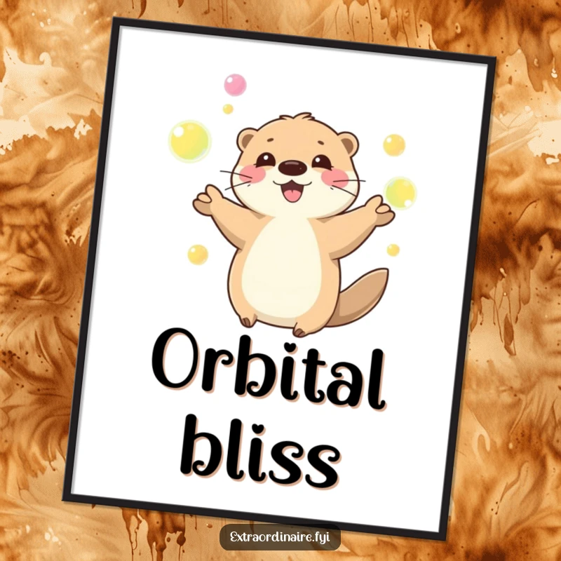 Funny playful otter character juggling glowing orbs, printable digital art, perfect for adding vibrant energy, a humorous illustration.