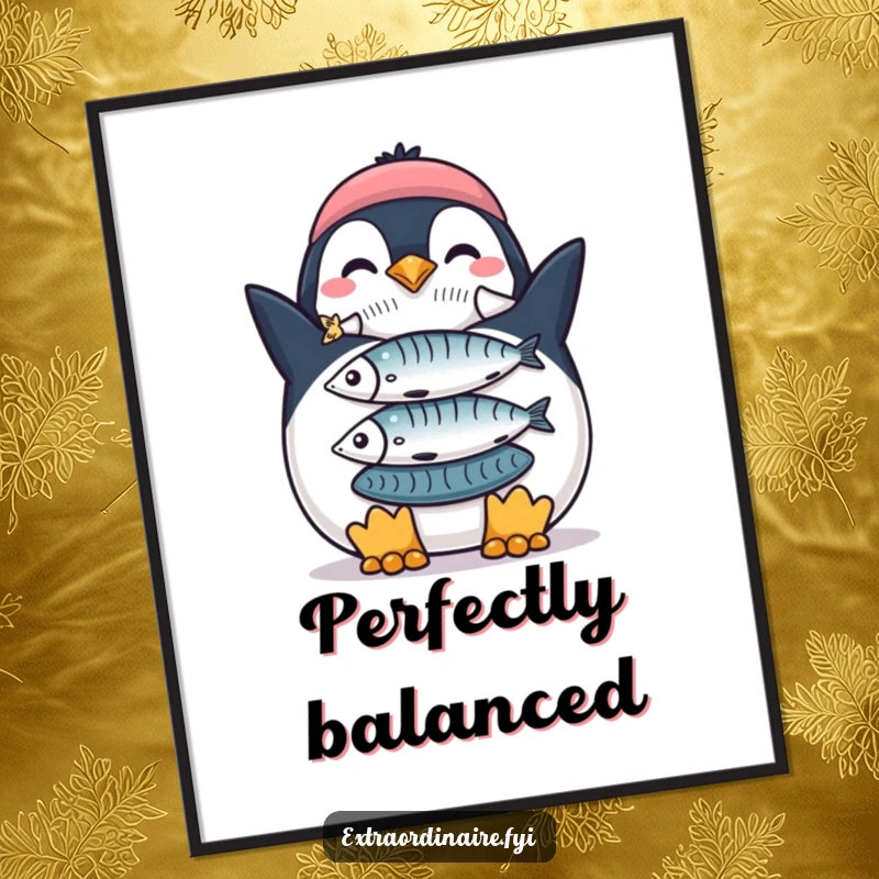 Funny Penguin Fish Stack Digital Art Print: A proud penguin showcasing a perfectly balanced stack of fish in a funny, charming style.