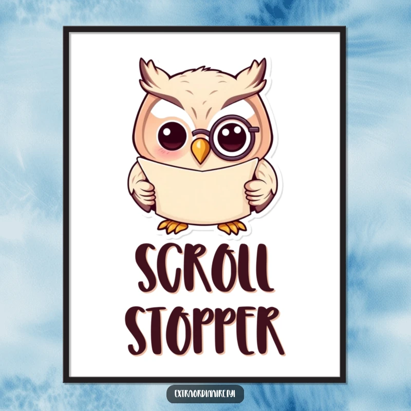 Funny digital art print of a wise owl with a monocle reading a scroll, offering sophisticated and humorous wall decor.