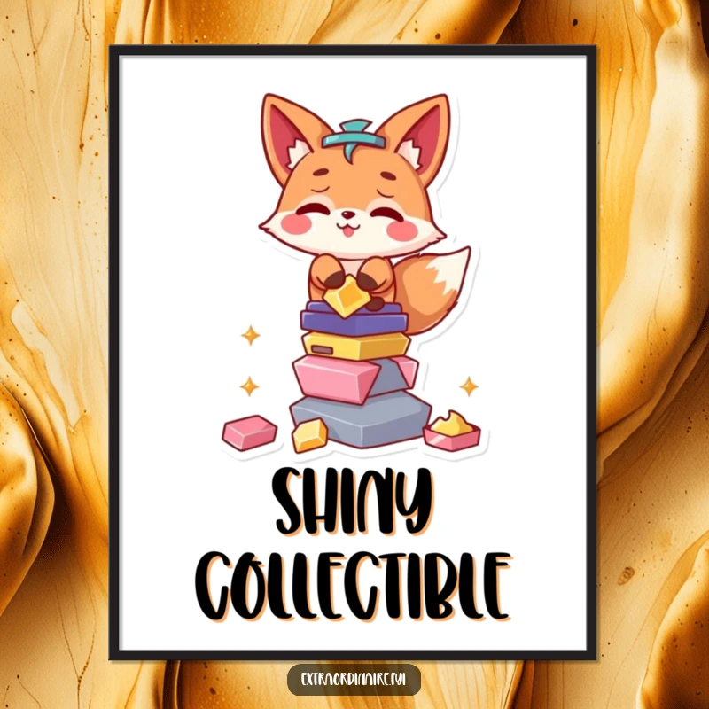 Funny Fox Digital Art Print: A mischievous fox character is depicted balancing a delightful pile of glittering, shiny treasures.