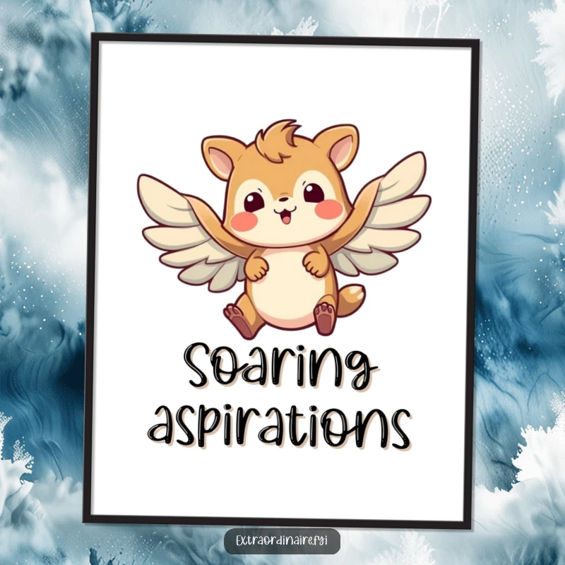 Funny digital art print of a brave animal character attempting flight with comically flapping wings, symbolizing valiant effort and determination.