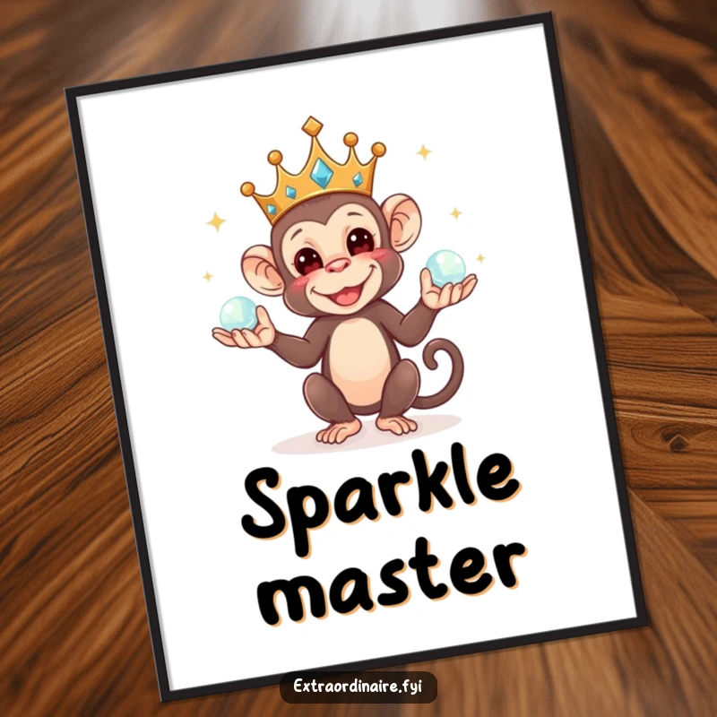 Funny digital art print of a mischievous crowned monkey juggling sparkling orbs, adding instant whimsical charm and regal fun.