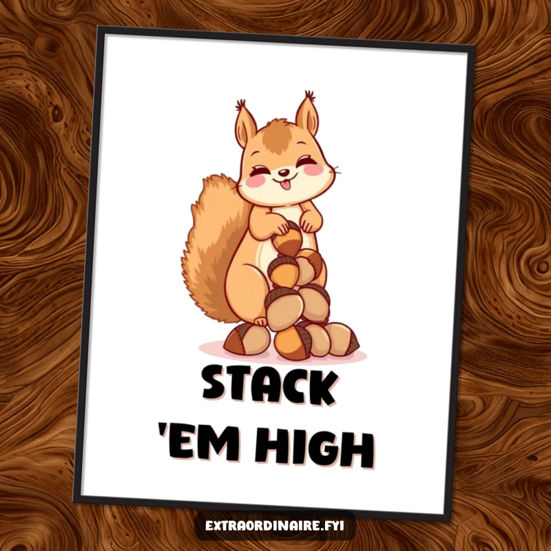 Funny digital art print of a giggling squirrel balancing a stack of acorns, offering whimsical and humorous wall decor.