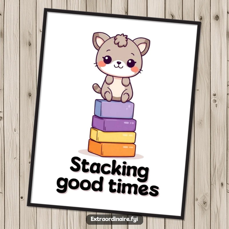 Funny Digital Art Print: A playful animal character artfully balances on a stack of colorful blocks, symbolizing fun and skill.