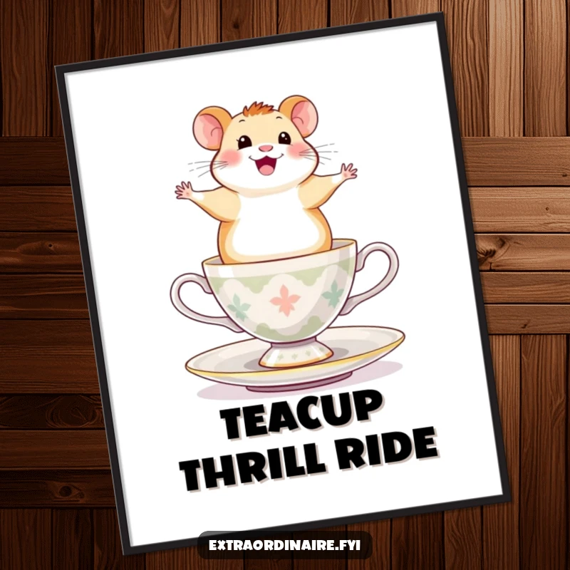 Funny Hamster Digital Art Print: A happy hamster looking exhilarated while balancing on a spinning teacup, perfect for instant decor.