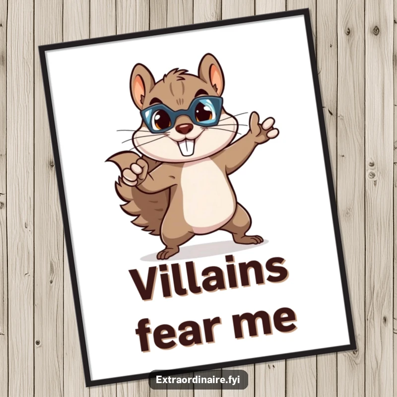 Funny squirrel superhero digital art print of a mischievous rodent striking a heroic pose, perfect for instant, fun home decoration.