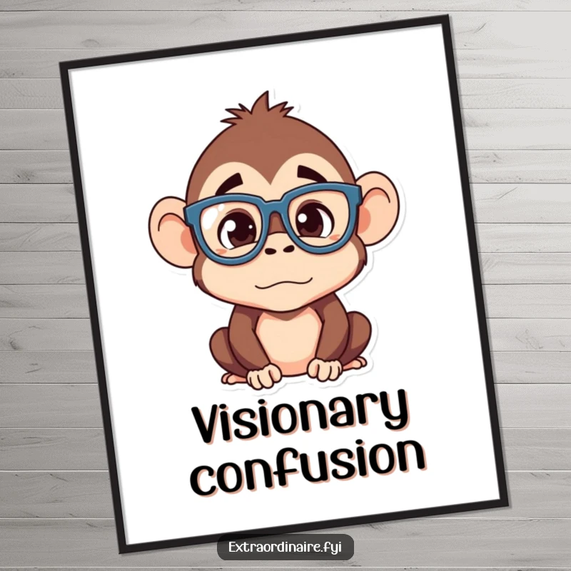 Funny monkey digital art print, a silly monkey character wearing oversized glasses with a confused expression, humorous wall art, instant download.