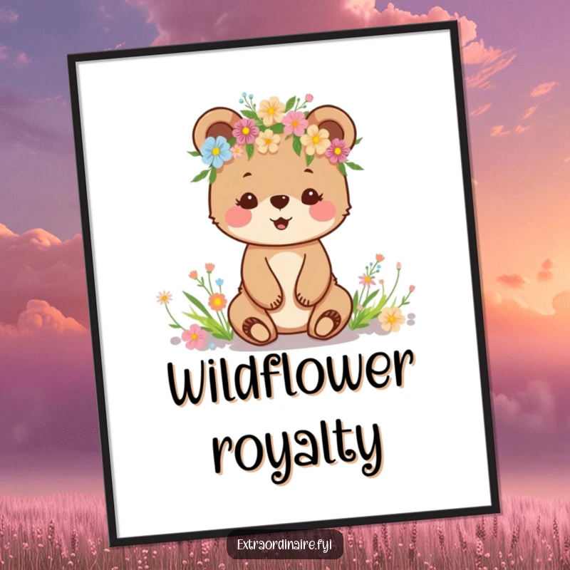 Funny digital art print of a happy bear cub wearing a wildflower crown, ready for download.