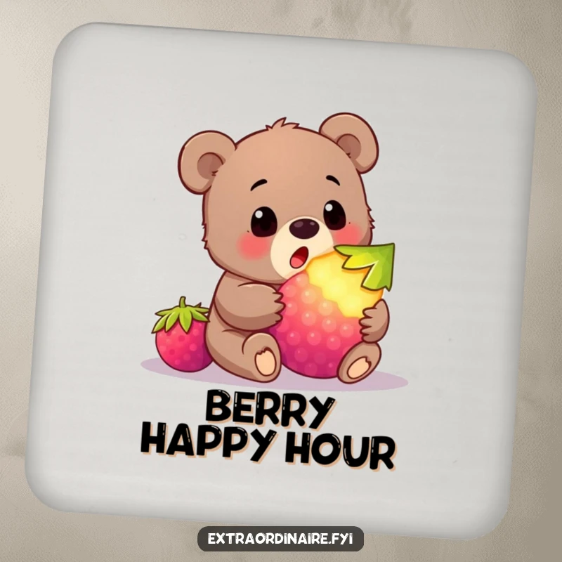 Funny bear cub berry coaster showing a cub surprised by a glowing berry, adding humor to table settings.