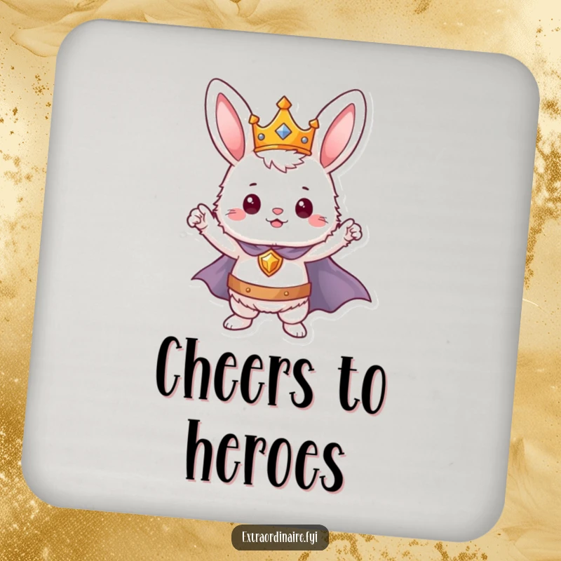 Funny bunny hero coasters, a crowned and caped rabbit striking a pose, protecting surfaces with regal humor.