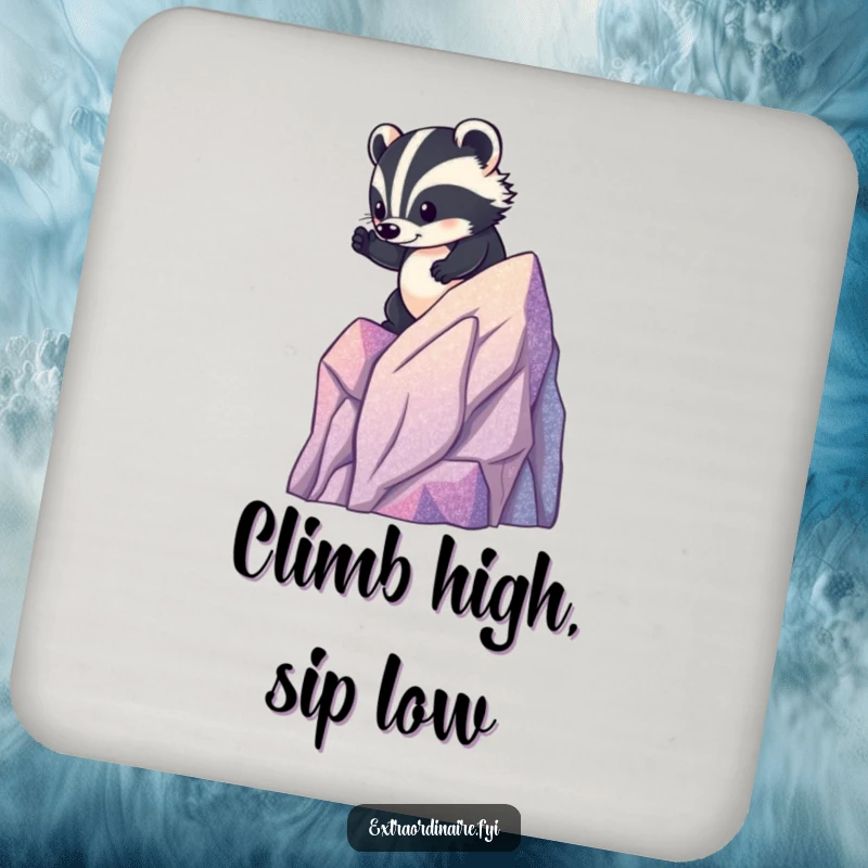 Funny badger mountain coasters, a brave animal climbing a miniature glittery mountain, adding protective humor to tabletops.