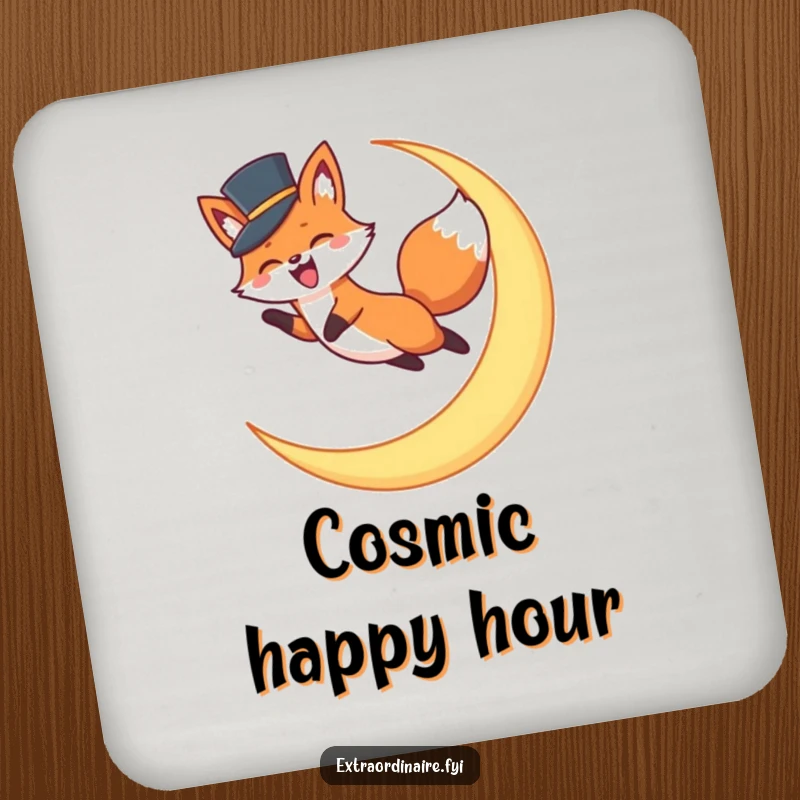 Funny Fox Top Hat Coaster: A coaster featuring a funny image of a fox in a top hat mid-leap over a glowing crescent moon.