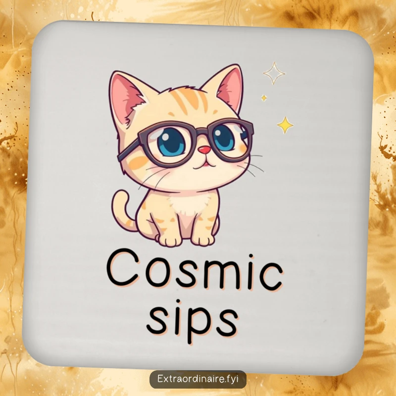 Funny drink coaster featuring a curious cat in spectacles peering into a starry void, adding a touch of intellectual humor.