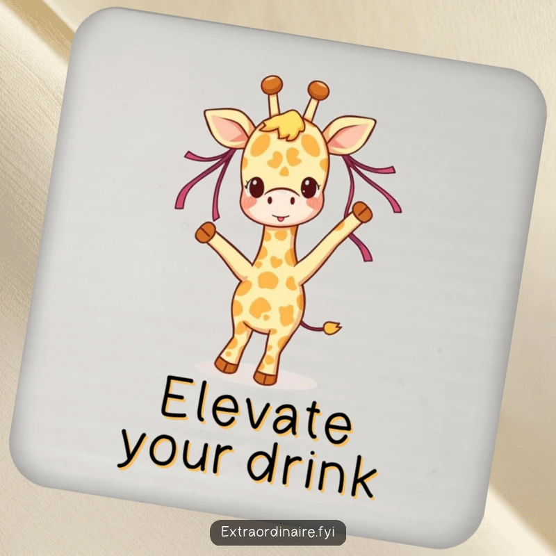 Funny giraffe coaster, a joyful giraffe character dancing with ribbons, protecting tabletops, cheerful and decorative drink accessory.